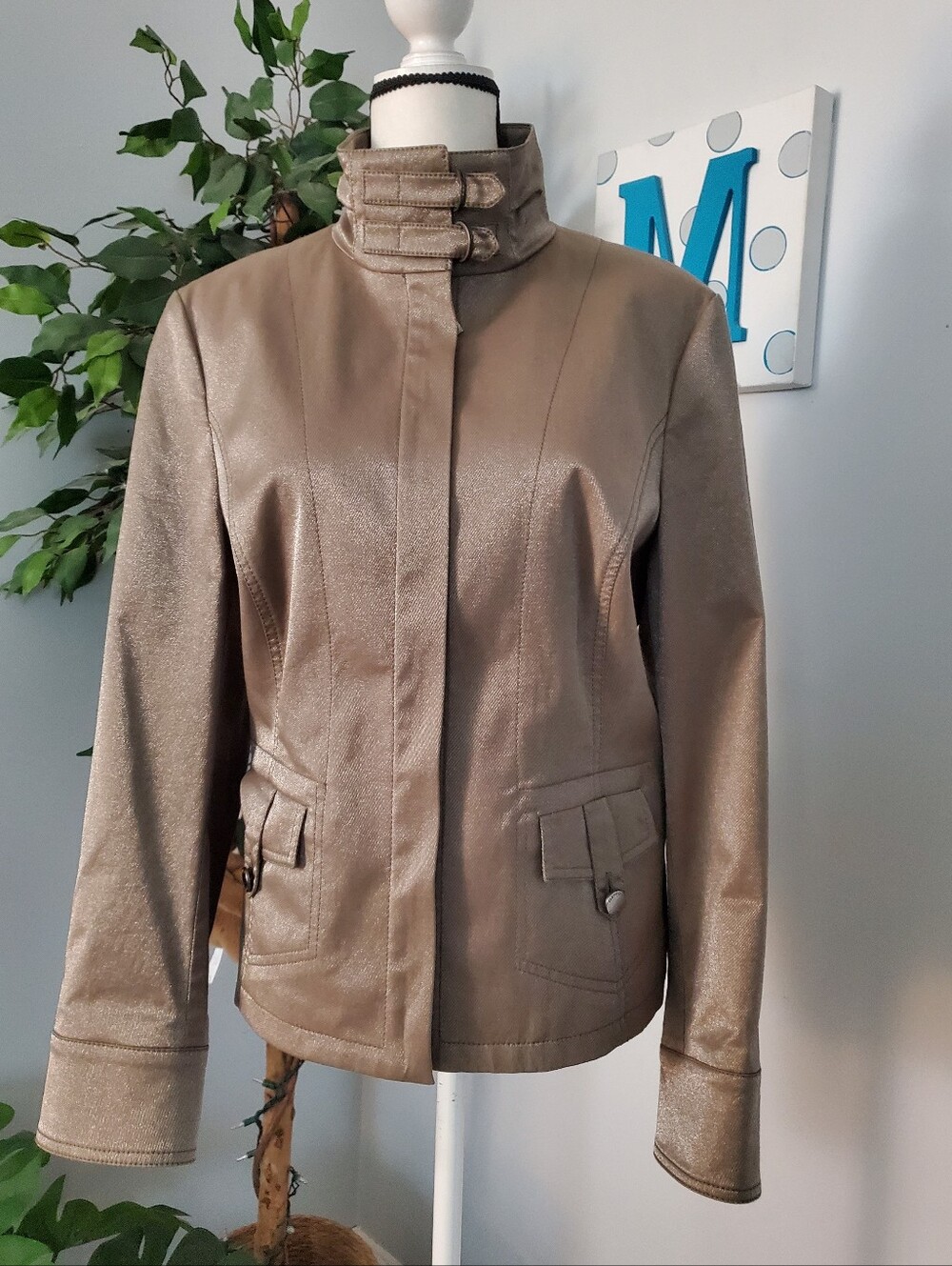 APRIORI Taupe Shimmer Double Buckle Stand Collar Utility Biker Moto Jacket 14